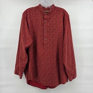 Frontier Classics Blouse M Red Floral Henley Banded Collar Prairie Cottagecore